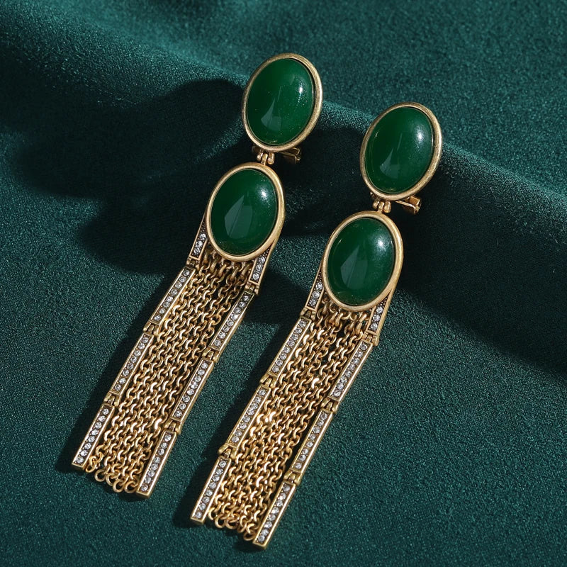 Emerald Isle Grandeur: Antique Natural Green Stone & Gold Tassel Drop Earrings