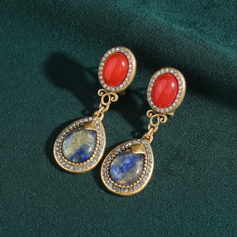 Vintage Duet Drop Earrings: Red Glass & Gradient Opal Cat Eye Stone with Gold Accents