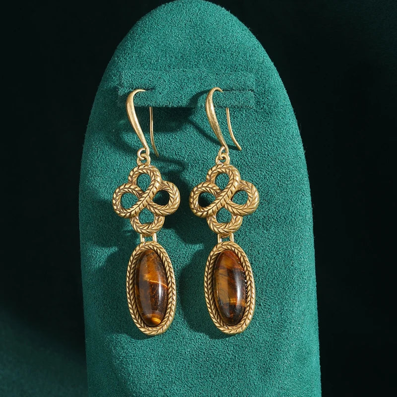 Vintage Tiger Eye & Knot Drop Earrings - Antique Gold & Luxury Designer Style