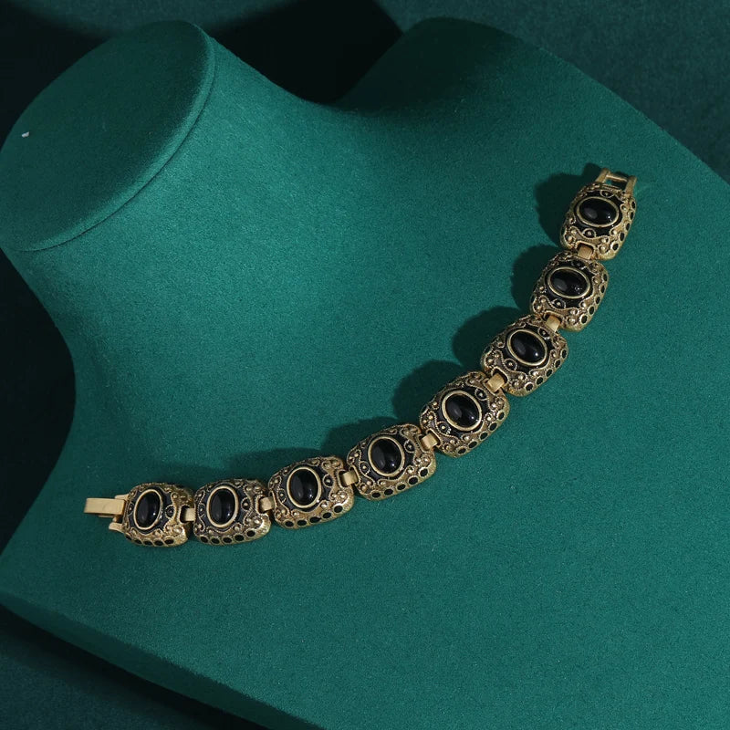 1920s Art Deco Black Agate Bracelet – Gold-Plated Oval Bangle