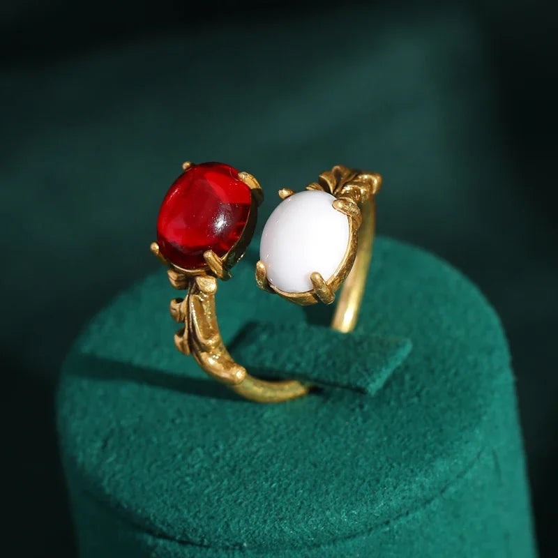 Retro Hollywood Red & White Opal Ring – Oval Double Stone Cocktail Statement