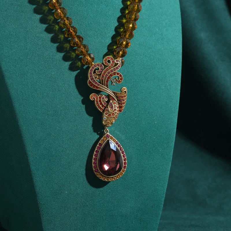 Vintage Purple Crystal Beaded Necklace with Water Drop Pendant