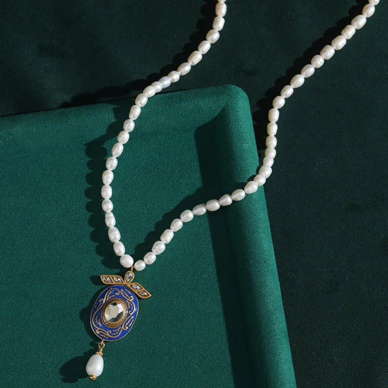 Vintage Freshwater Pearl Necklace with French Court Oval Enamel Pendant