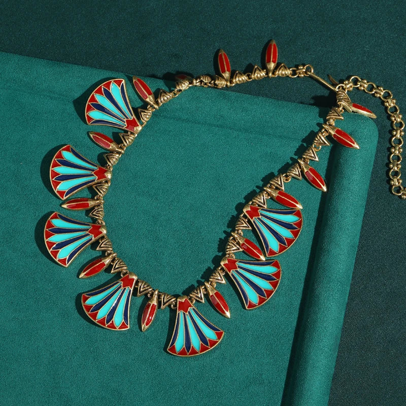 Vintage Red Enamel Fan-Shaped Collar Necklace