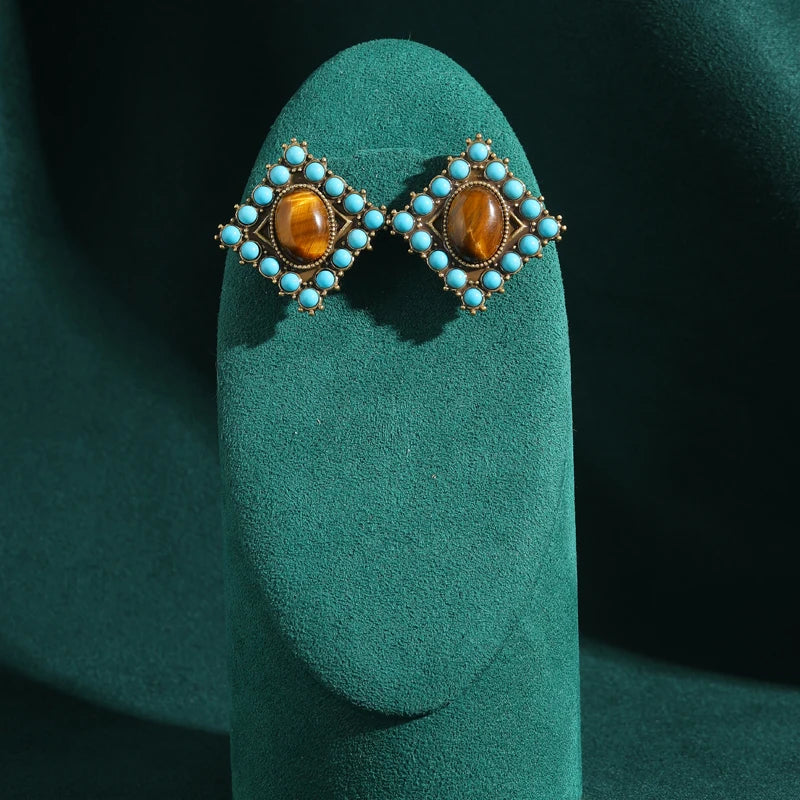 1960s Boho Mod Stud Earrings – Tiger Eye & Turquoise Beaded Squares