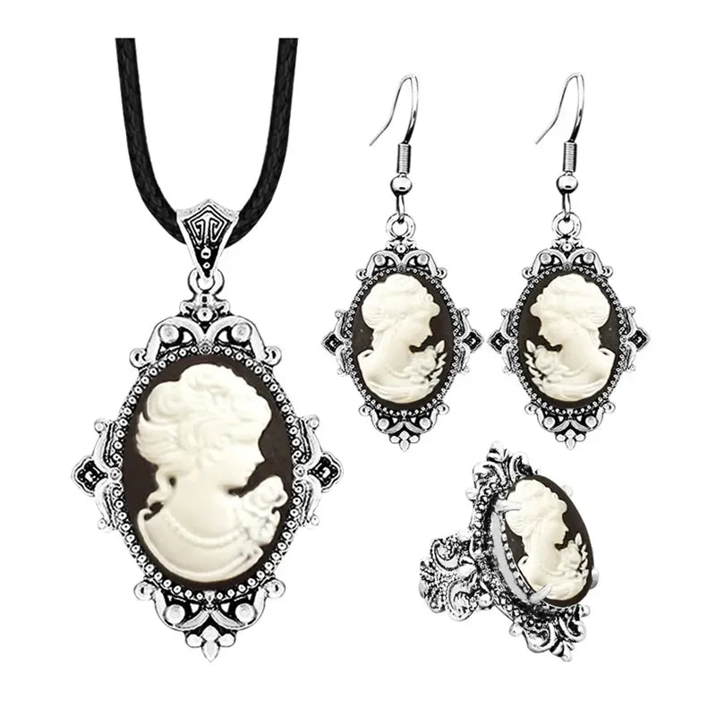Lady Queen Cameo Jewelry Set (Necklace, Earrings & Ring)