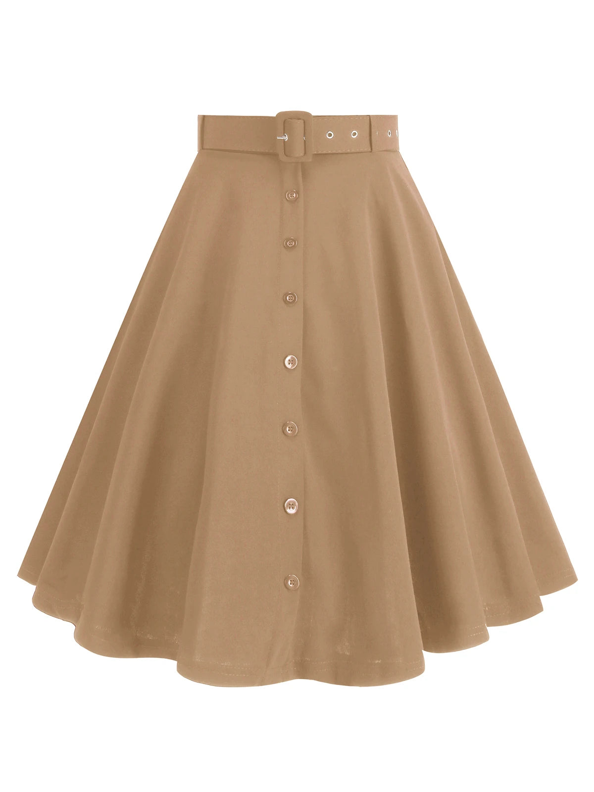 Vintage A-Line Button-Front Pleated Midi Skirt with Belt and Pockets