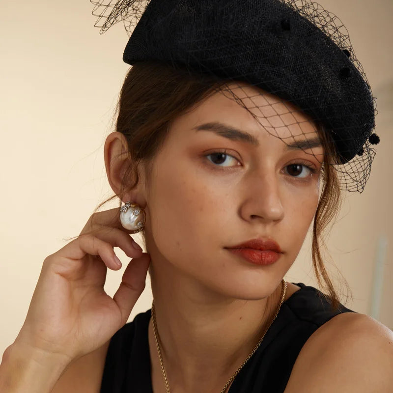 Baroque Revival Shell Bulb Earrings – Large Freshwater Pearl Studs with Spiral Clasp