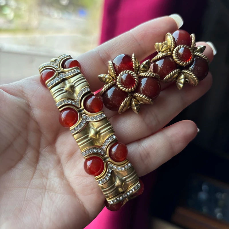 Art Deco Red Glazed Leaf Earrings – Triple Studs with Gold-Toned Floral Detail
