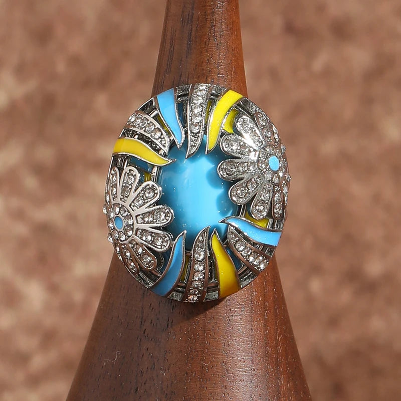 Vintage Enamel Sunburst Cocktail Ring – 18K Gold-Plated