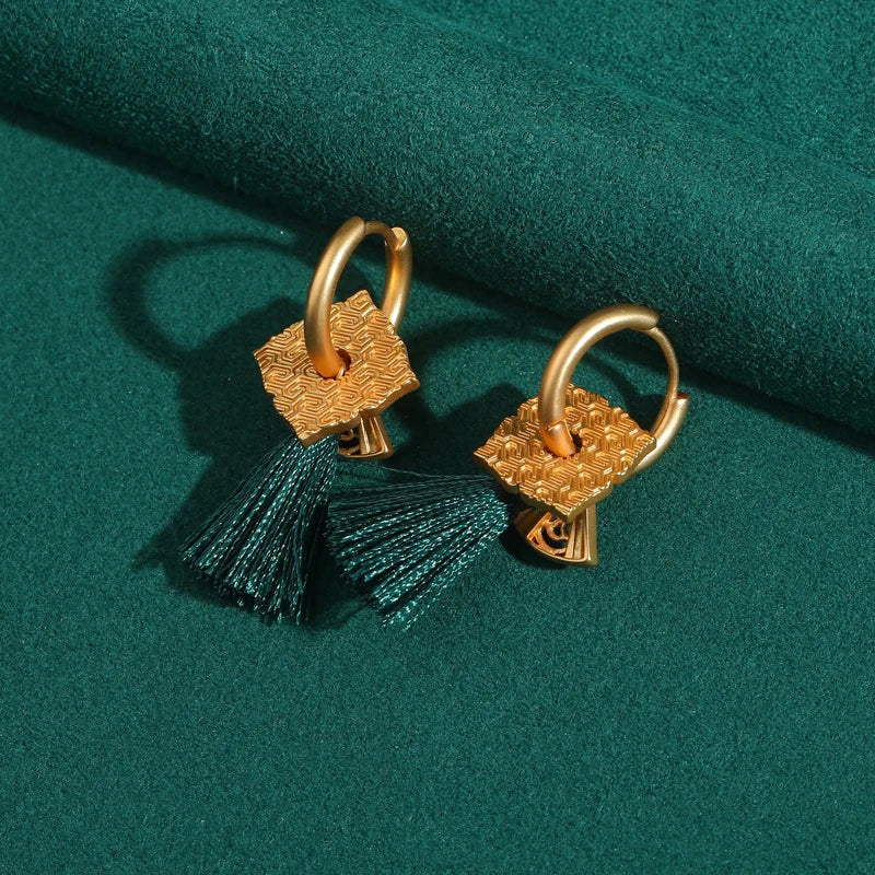 Green Enamel Tassel Hoop Earrings – Retro Boho Revival