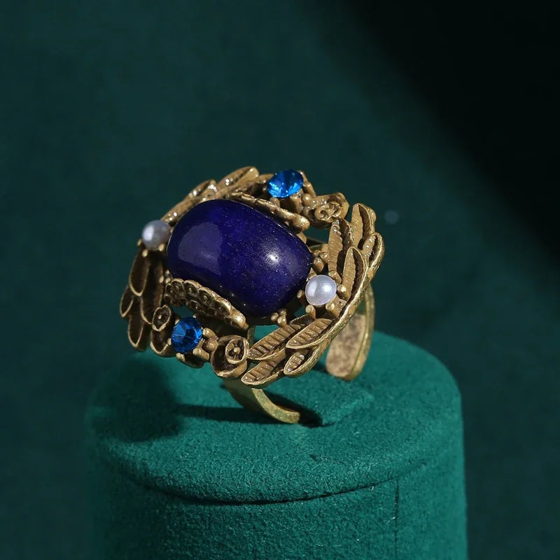 Edwardian Leaf Motif Ring – Gold-Plated with Square Blue Stone