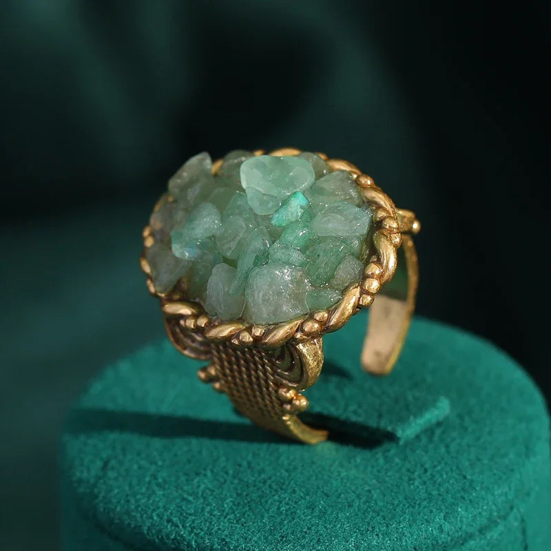 1960s Boho Mod Gravel Green Stone Ring – Gold-Plated Statement Piece