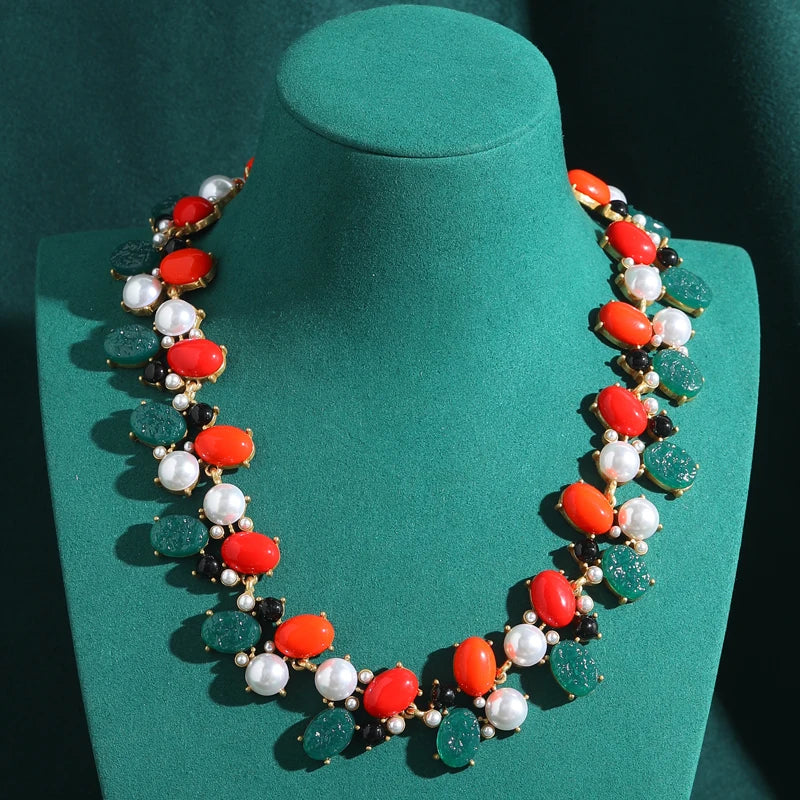 Vintage Red Agate & Green Glaze Pearl Christmas Necklace