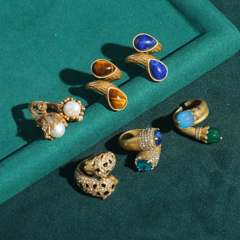 Vintage Double Teardrop Tiger's Eye Gold Plated Open Ring - Natural Stone Inlay