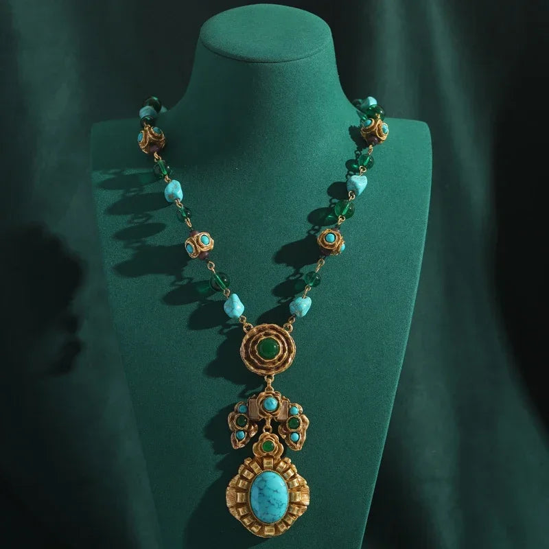 Green Crystal & Turquoise Pendant Necklace – Bohemian Garden Glam