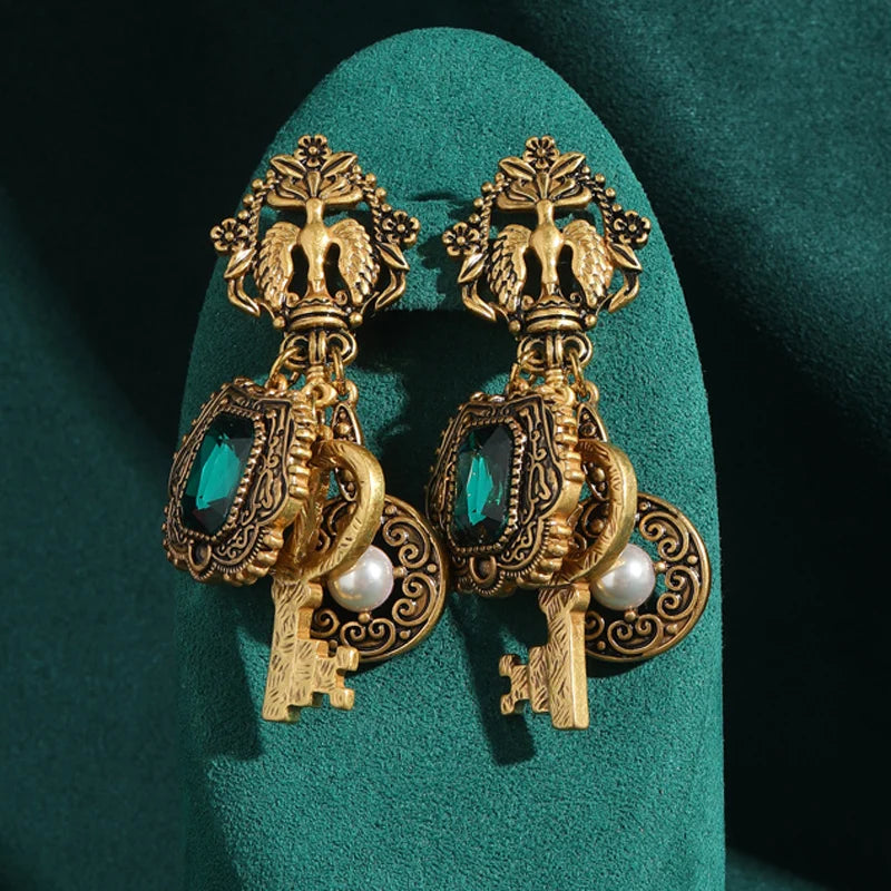 Vintage Green Crystal Key Drop Earrings with Pearl