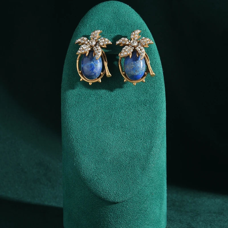 Vintage Lapis Lazuli Floral Stud Earrings – Petal Sparkle & Stone Power