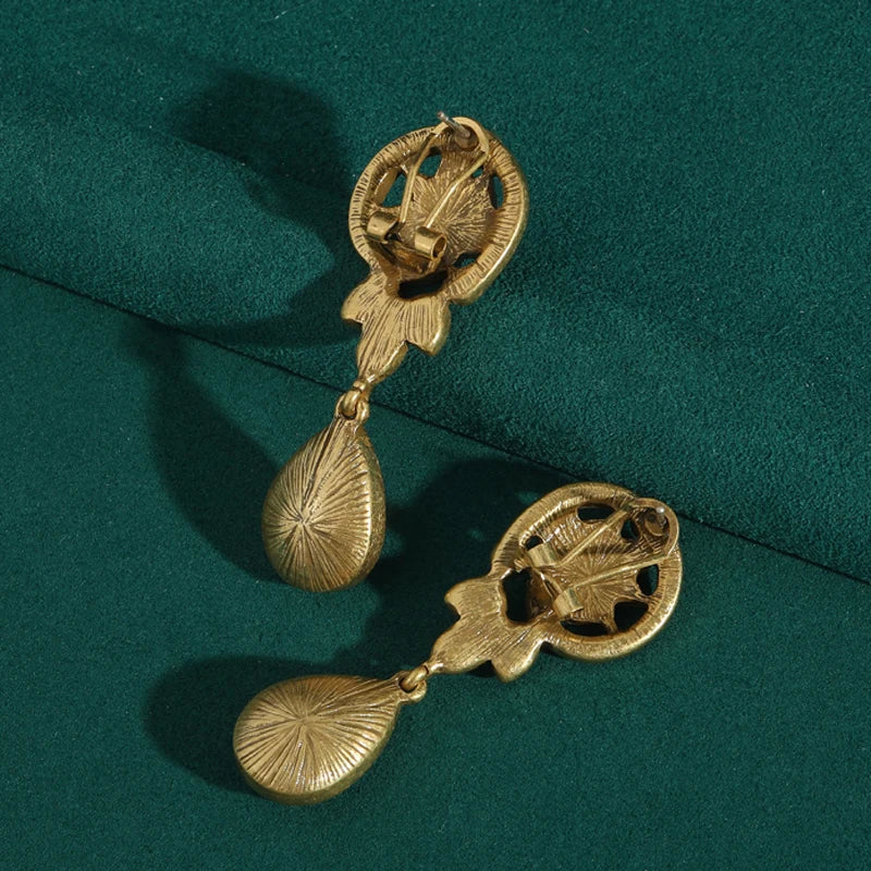 Vintage Aurora Borealis Crystal & Leaf Drop Earrings - Antique Gold & Rhinestone Accents