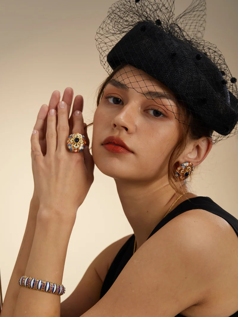 Art Deco Oval Enamel Earrings – Carved Floral Studs with Blue Glaze