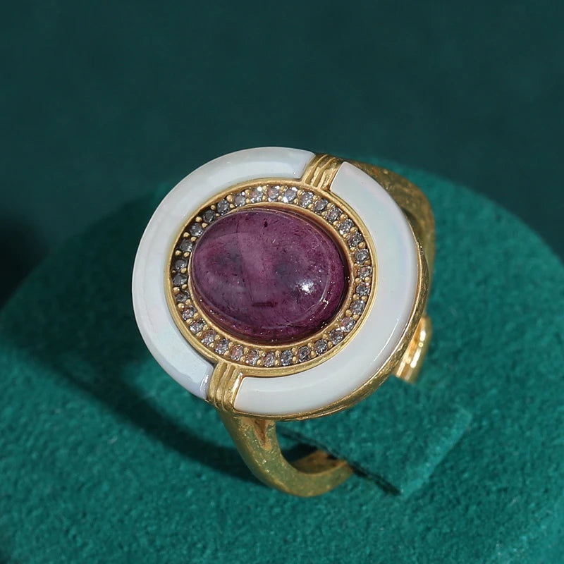 Art Deco Ruby & Enamel Halo Ring – 18K Gold-Plated Copper