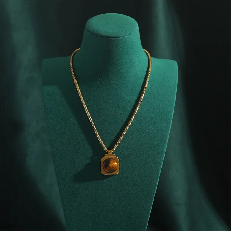 Vintage Square Tiger Eye Pendant Necklace