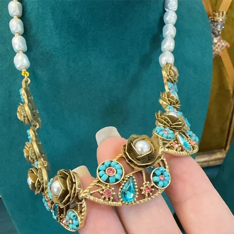 Vintage Freshwater Pearl Necklace with 3D Flower & Leaf Motif