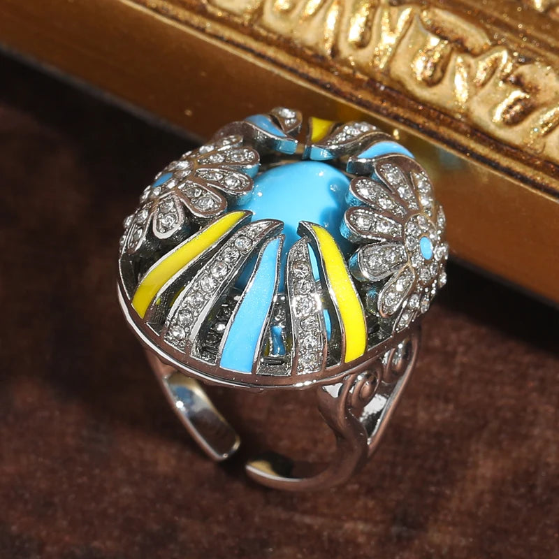 Vintage Enamel Sunburst Cocktail Ring – 18K Gold-Plated