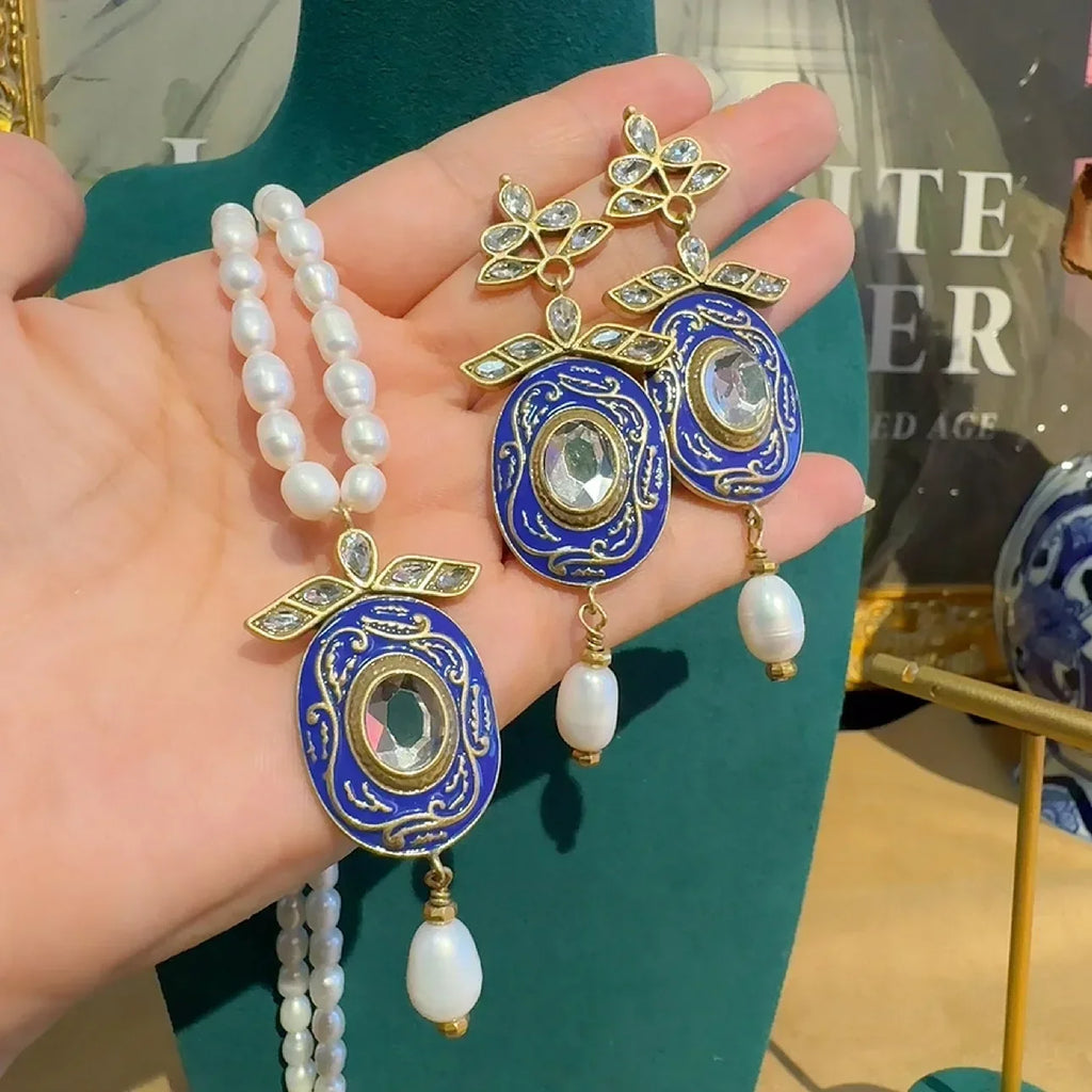 Vintage Freshwater Pearl Necklace with French Court Oval Enamel Pendant