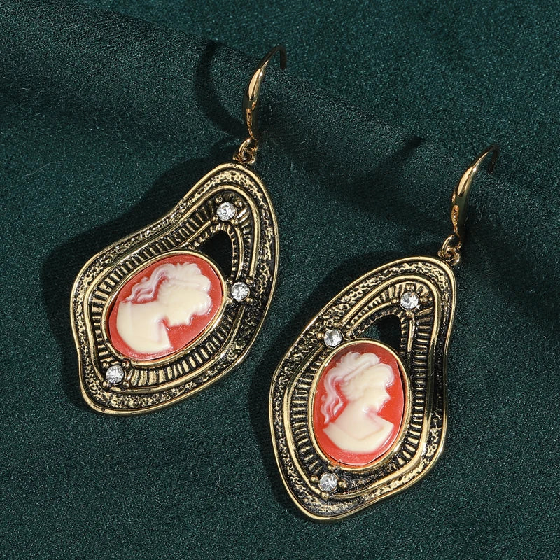 Victorian Dopamine Pink Cameo Drop Earrings – Ornate Gold Hook Dangles