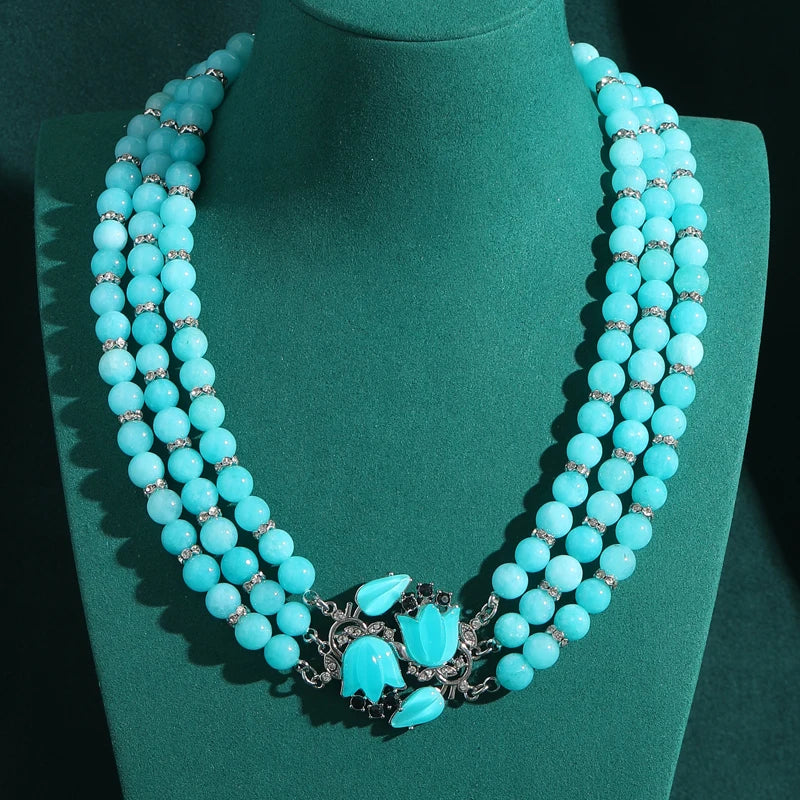 Vintage Blue Glaze Magnolia Layered Beaded Necklace