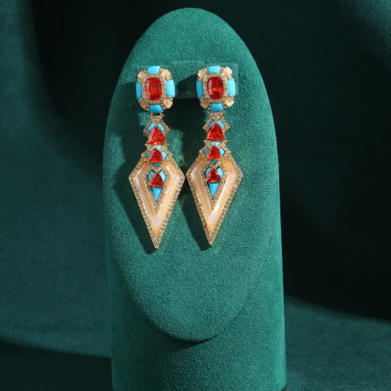 80s Power Glam Red & Blue Triangle Drop Earrings – Geometric Statement Pair