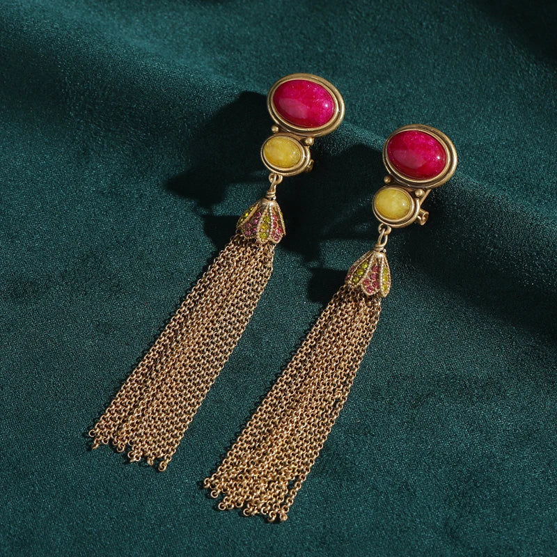 Vintage Red Stone Tassel Earrings – Dramatic Drop Glam
