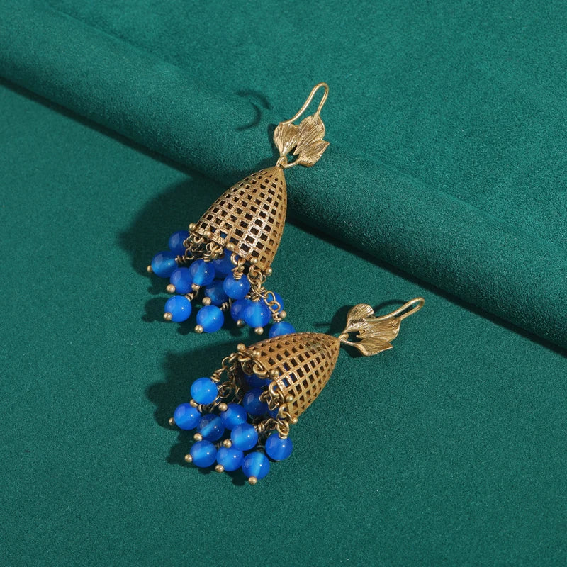 Vintage Birdcage Tassel Earrings – Blue Glaze & Sculptural Swing