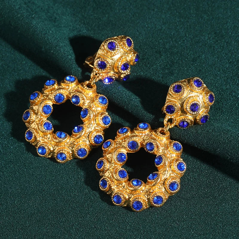 80s Power Glam Blue Crystal Circle Drop Earrings – Oversized Clip-On Statement Pair