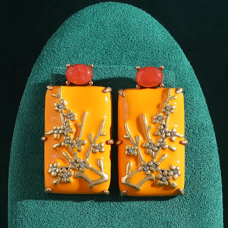 Art Deco Plum Blossom Earrings – Yellow Carved Rectangle with Agate Accent