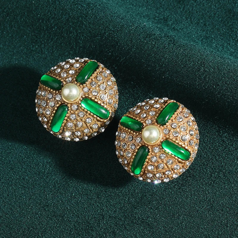 Art Deco Green Glazed Stud Earrings – Round Crystal & Pearl Statement Pair