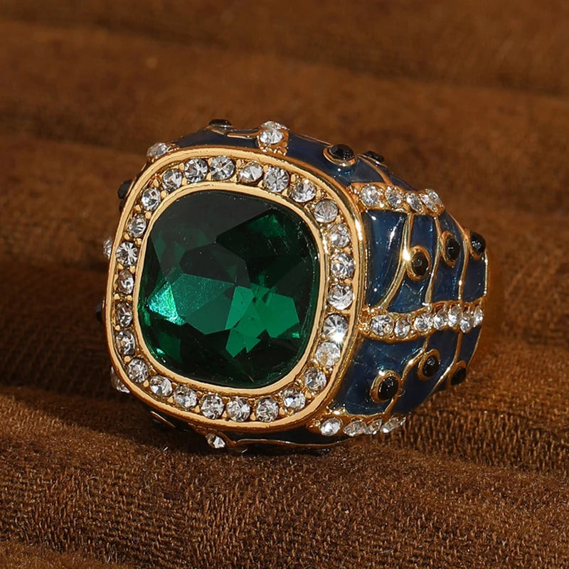 Vintage Green Crystal & Blue Enamel Gold-Plated Statement Ring – Adjustable