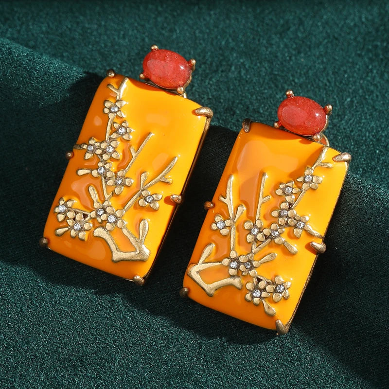 Art Deco Plum Blossom Earrings – Yellow Carved Rectangle with Agate Accent