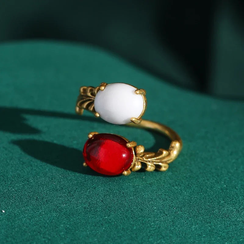 Retro Hollywood Red & White Opal Ring – Oval Double Stone Cocktail Statement