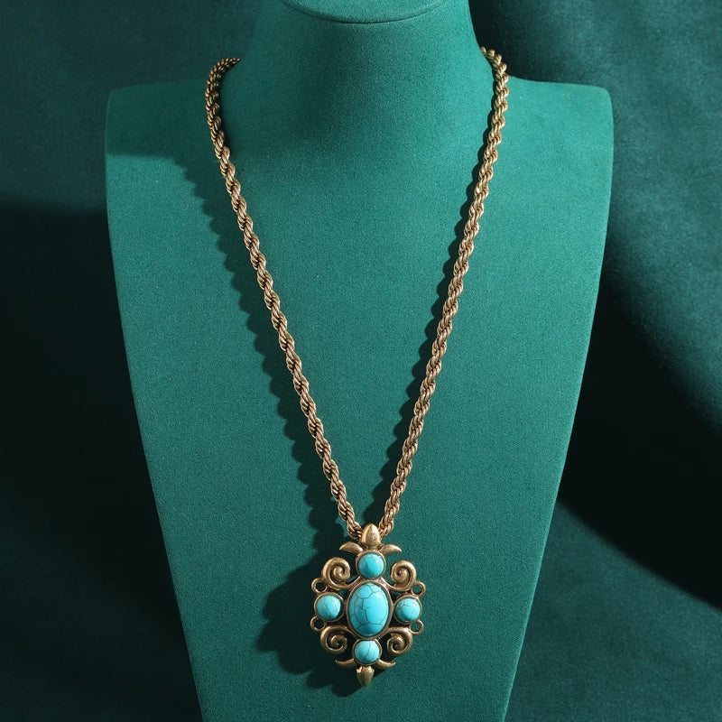 Vintage Turquoise Charm Pendant Necklace – Art Deco & Symbolic Elegance