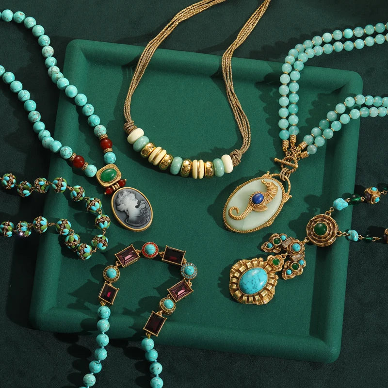 Vintage Turquoise Charm Pendant Necklace – Art Deco & Symbolic Elegance