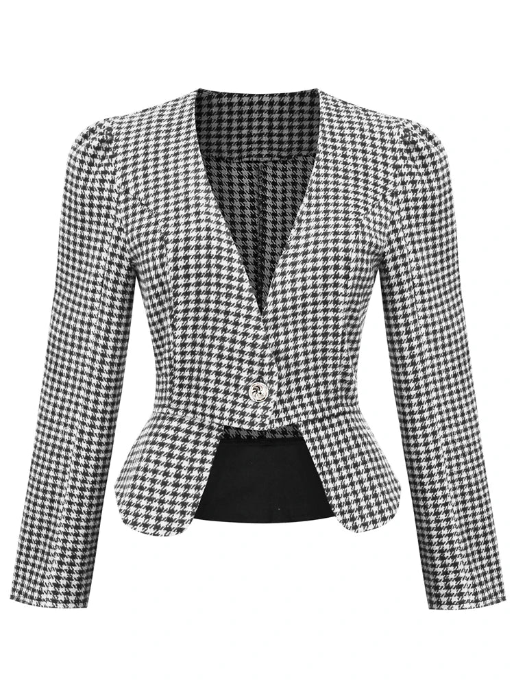 Vintage Chic Houndstooth Peplum Blazer - Retro Cropped V-Neck Jacket
