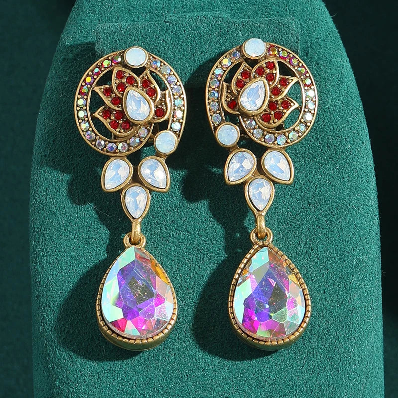 Vintage Aurora Borealis Crystal & Leaf Drop Earrings - Antique Gold & Rhinestone Accents
