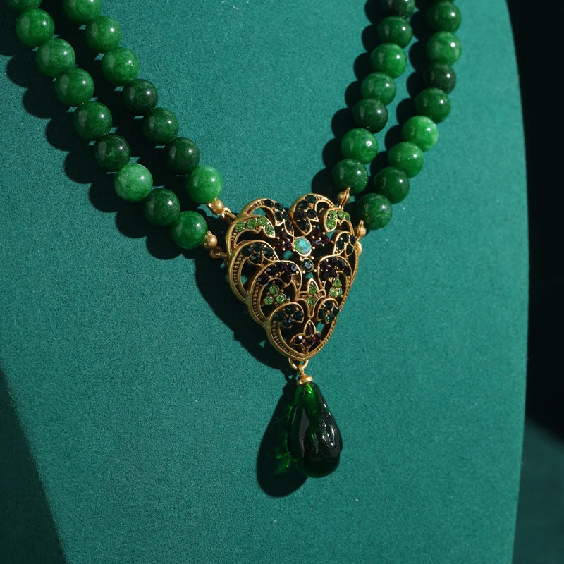 Boho Mod Layered Green Beads Necklace – Ornate Heart Pendant Statement Strand