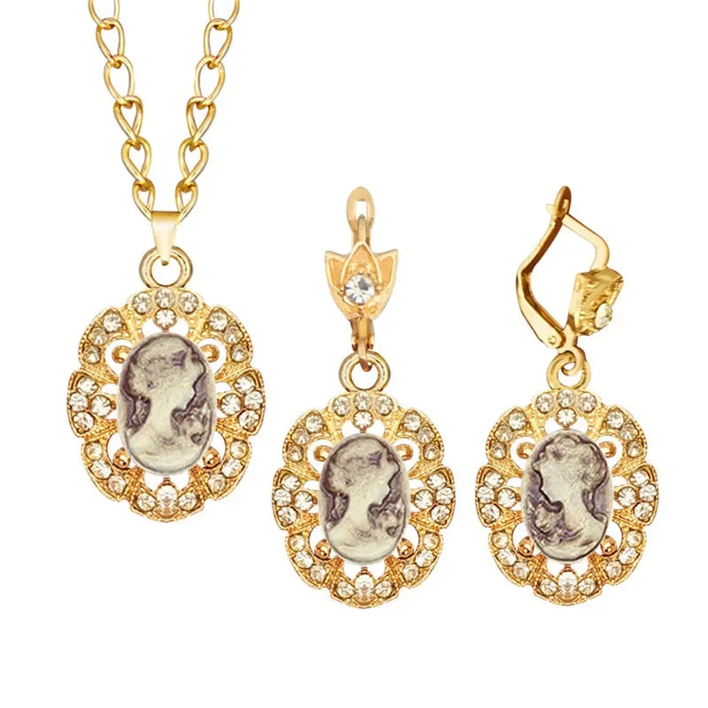 Lady Queen Pink Cameo Jewelry Set – Necklace & Earrings (1890s Inspired)
