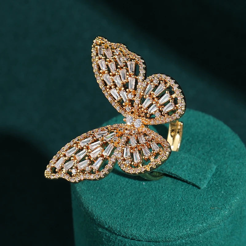 Vintage Butterfly Crystal Gold-Plated Statement Ring – Adjustable