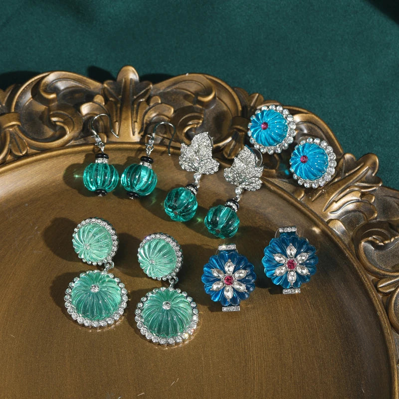 Art Deco Blue Pumpkin Glass Drop Earrings – Transparent Double Sphere Statement Pair