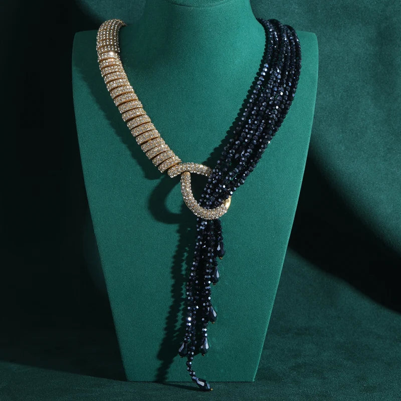 Art Deco Sculptural Rhinestone Choker – Black Beaded Flame Pendant Statement Necklace