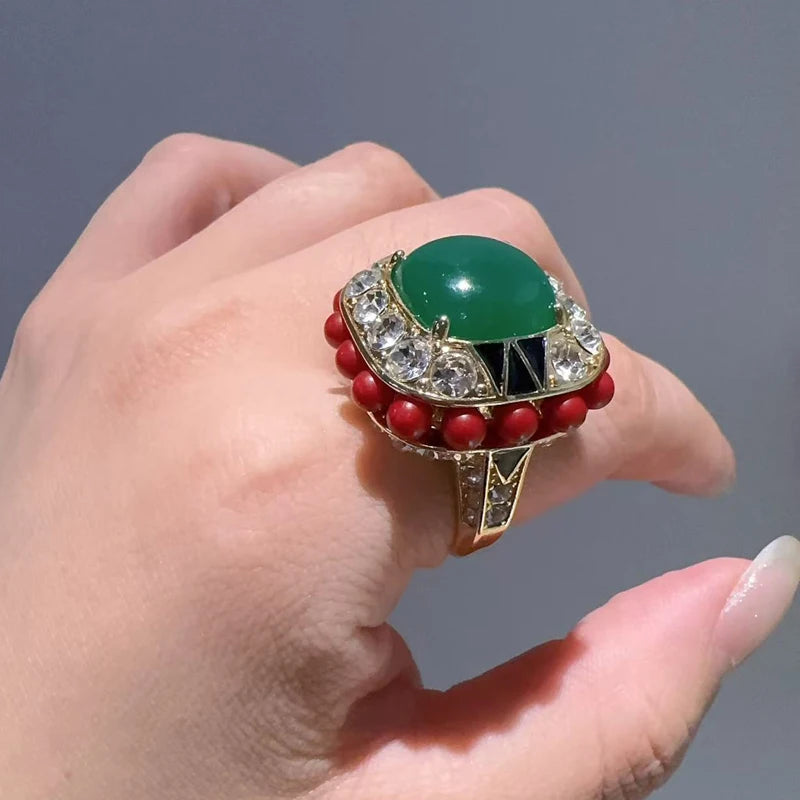 Royal Emerald & Coral Statement Ring – 18K Gold-Plated Copper